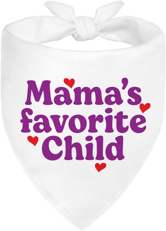 Mama's Favorite Child White Dog Bandana, Funny Photo Prop Pet Scarf Accessories for Small Medium Large Canine, Mother's Day Birthday Christmas Gender Revealing Gifts for Dog Mom Pet Lovers