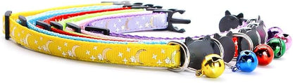 Reflective Cat Collars Breakaway with Bell 2-Pack Girl Boy Pet Kitten Collar with Star Moon Patetrn Adjustable 7.5-12.5 Inch (Yellow)
