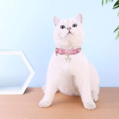PetsHome Cat Collar, Dog Collar, [Bling Rhinestones] PU Leather Adjustable Pet Collar with Luxury Pendant for Cat and Small Dog Extra Small Pink