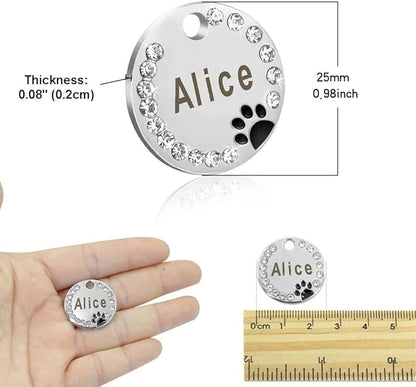 Personalized Dog/Cat Cute Paw Pet ID Tag for Pet Collar or Key Chain - Custom Laser Engraved Unique Dog/cat Name tag with Phone Number (Purple, Crystals Round-Small)
