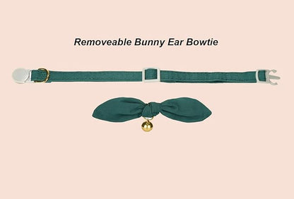 Bunny Ear Cat Collar with Bell and Bow Tie, Breakaway Cute Bowtie Kitten Collars(Dark Green)