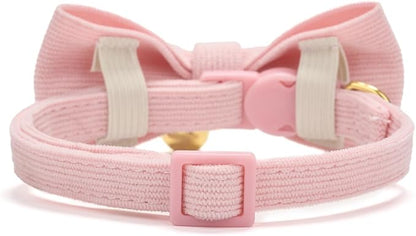 2 Pack Soft Corduroy Cat Collars with Bow Tie & Bell, Adjustable Breakaway Cotton Kitty Bowtie Collar for Girl Boy Kitten (Pink & Blue)