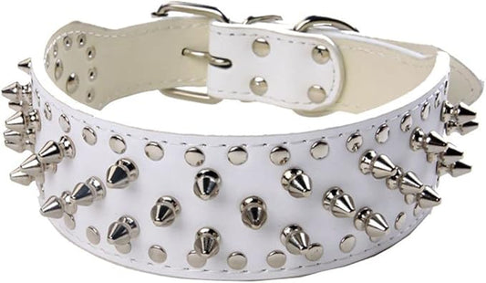 Serijoars Spiked Studded Dog Collar, PU Leather Dog Collar, Adjustable Pet Collars for Medium or Large Breed Pet (S, White)