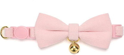 Soft Corduroy Cat Collar with Bell and Bowtie, Safety Breakaway Clasp, Adjustable for Kitten and Cats Pink Color.