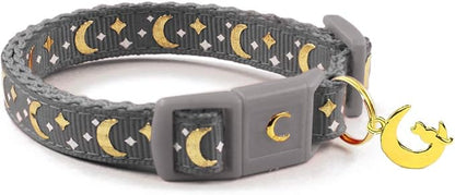 WAAAG Cat Collars, Gold Moons and Stars Cat Collar, Safety Breakaway Cat Collar, Glow in The Dark (Standard 9"-15" Neck, Grey)