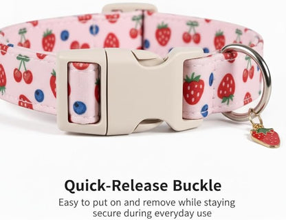 Pink Dog Collar, Female Dog Collar for Large Dogs with Strawberry, Cherry and Blueberry Print, Spring Summer Collar Made of Durable Soft Fabric, L
