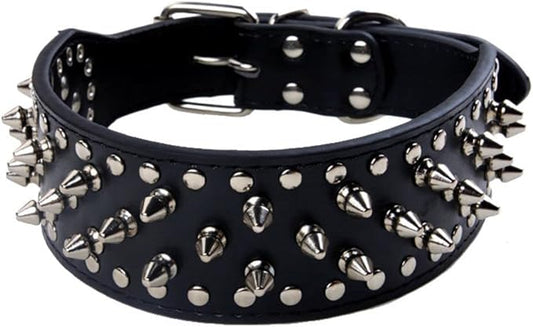 Serijoars Spiked Studded Dog Collar, PU Leather Dog Collar, Adjustable Pet Collars for Medium or Large Breed Pet (XL, Black)