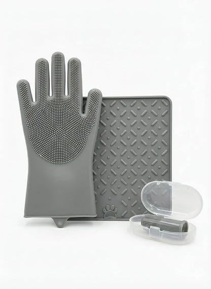 3-in-1 Stress-Free Dog Bathing Kit – Silicone Grooming Gloves, Suction Lick Mat, and Dental Brush – Complete Pet Spa Set for Anxious Dogs (Grey)