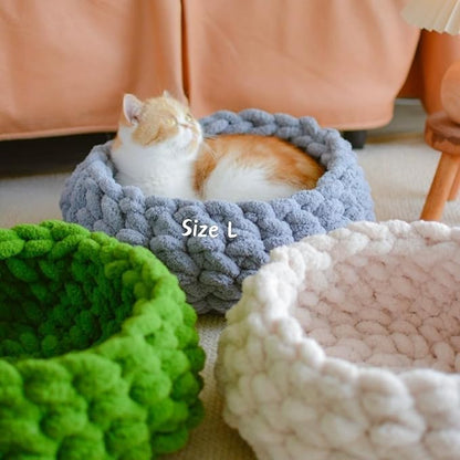 Cat Nest Bed - Premium Self Warming Handwoven Washable Extra Soft Round Cave House for Indoor Kitten & Kitty, Small & Large (Grayish Blue,Medium)