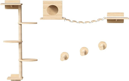 HOOBRO Wood Cat Wall Shelves for Large Cats, 11-Piece Cat Wall Furniture, Wall-Mounted Shelves with House, Hammock, Ladder, Scratching Posts and Step, Climbing Wall for Multiple Cats, Natural NL46CS03