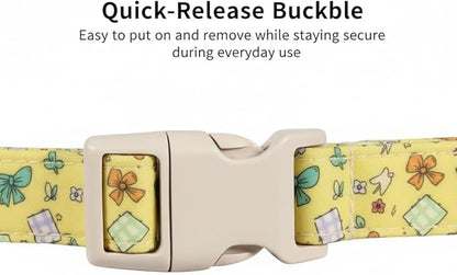 Small Dog Collar with Cute Bowtie Print, Girl Dog Collar for Puppy, Extra Small & Small Dogs, Spring Summer Yellow Puppy Collar with Pendant and Soft Fabric, XS
