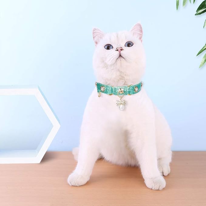 PetsHome Cat Collar, Dog Collar, [Bling Rhinestones] PU Leather Adjustable Pet Collar with Luxury Pendant for Big Cat and Small to Medium Dog Small Mint Green
