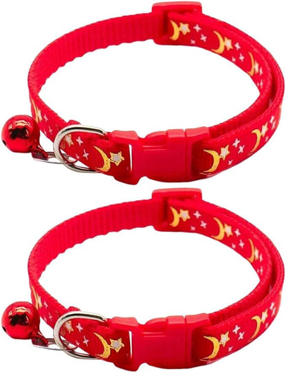 Reflective Cat Collars Breakaway with Bell Moons Stars 2 Pack Girl Boy Pet Kitten Collar Adjustable 7.5-12.5 Inch (red)