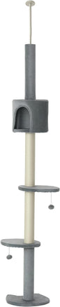 PawHut 85.5" Cat Tree Height Adjustable Floor-to-Ceiling 4-Tier Kitty Climbing Activity Center Condo Cat Toy with Scratching Post Hanging Balls Play Rest Post Pet Furniture Grey
