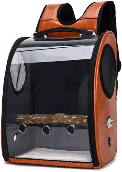Bird Carrier Clear Parrot Outing Backpack APET Transparent Acrylic Bird Travel Carrier Parrot Travel Cage Panoramic Pet Backpack for Puppy Kitten 33x38x17cm (Brown)