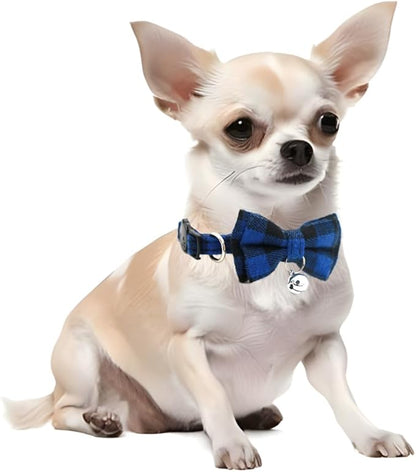Blue Plaid Bow Dog Collar with Bell, Breakaway Cat Bell Collar with Bowtie Christmas Puppy Collars Boy for XXS Xs Small Tiny Little Pet Dogs Male Kitten, for Hoilday Birthday Party