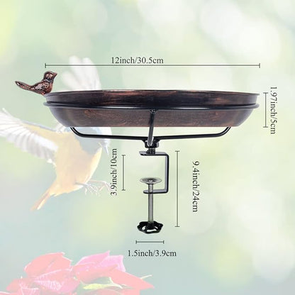 DREAMSOUL Deck Mounted Bird Bath with Adjustable Sturdy Metal Clamp, Bowl Bird Baths for Outdoors Garden Balcony Patio Deck Railing Decoration, Lightweight & Detachable