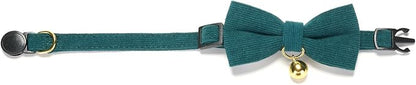 Soft Corduroy Cat Collar with Bell and Bowtie, Safety Breakaway Clasp, Adjustable for Kitten and Cats Green Color.