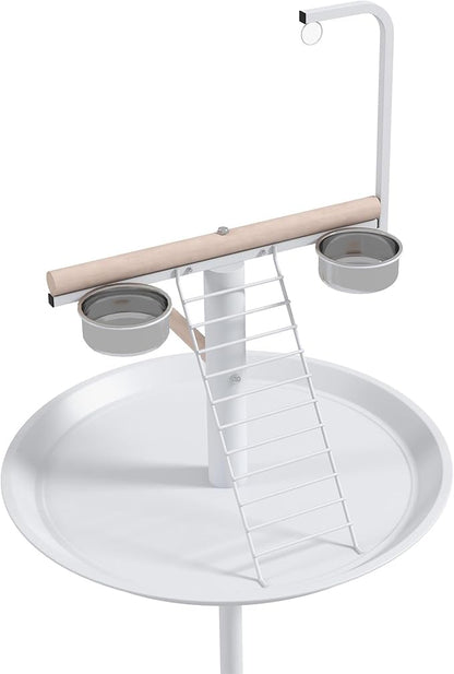 PawHut Bird Stand, Parrot Stand with Wheels, Perches, Stainless Steel Feed Bowls, Round Tray, Bird Play Stand for Indoor Outdoor, White