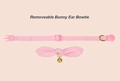 Bunny Ear Cat Collar with Bell and Bow Tie, Breakaway Cute Bowtie Kitten Collars(Light Pink)