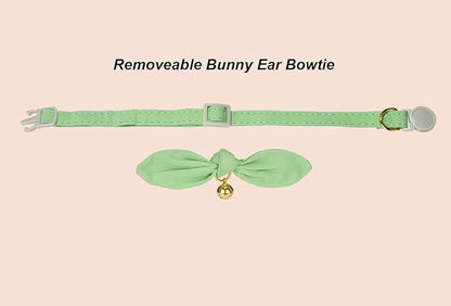 Bunny Ear Cat Collar with Bell and Bow Tie, Breakaway Cute Bowtie Kitten Collars(Grass Green)