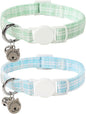 Lionet Paws 2pcs Pack Cotton Cat Collar,Breakaway Buckle with Green Blue Grid and Brand Pendant Cute Adjustable Cat Kitten Collar,Ideal for Girl Cats Boy Cats