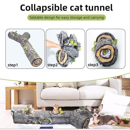 Cat Tunnels for Indoor Cats - Interactive Tree Trunk Cat Activity Play Tunnels with Peek Holes, Collapsible Pet Tube Puzzle Hunt Chase Training Center Toys for Kitten, Ferret, Small Animals