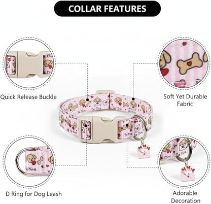 Pink Dog Collar, Girl Dog Collar with Cute Dogs and Hearts, Cute Spring Summer Food Collar with Soft & Breathable Fabric, Adjustable Pet Collar for Small Dogs