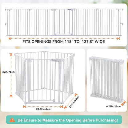 COMOMY 127.8" Extra Wide Baby Gate, Dog Gate for House Stairs Doorways Fireplace, Auto Close Pet Gate with Door Walk Through, 5 Metal Panels, Hardware Mounted Baby Fence Indoor Outdoor(30" Tall,White)