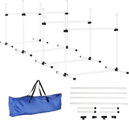 PawHut 4 Piece Dog Agility Training Equipment for Dog Agility Course with Adjustable Height Jump Bars, Included Carry Bag, & Displacing Top Bar, White