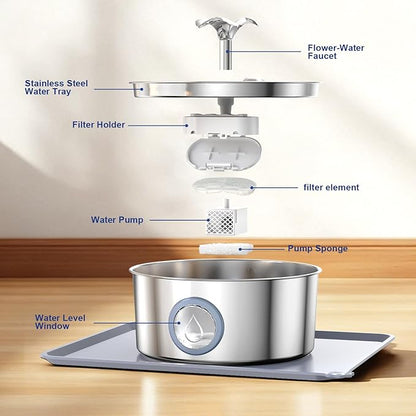 LucidShine 108oz/3.2L Stainless Steel Cat Water Fountain with 12 Filters (up to 1-Year Supply), Large Capacity Dog Water Fountain, Ultra Quiet Automatic Metal Pet Water Dispenser