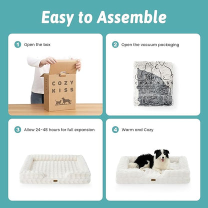 Orthopedic Dog Bed for Extra Large Dog, Soft and Warm Faux Fur Sofa for Giant Pet Up to 150 lbs, Foam Bolster Anti-Slip Couch with Washable Removable Cover, XXL 48x35x8 inch, Beige
