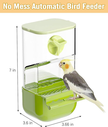 BNOSDM No Mess Bird Cage Feeders Automatic Bird Feeder Parrot Cage Accessories Transparent Seed Food Container with Perch for Finches, Parakeets, Budgies, Lovebirds, Cockatoos, Canaries (Green)