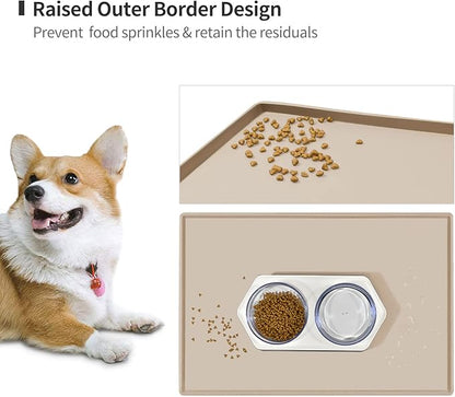 Dog Food Mat,Silicone Waterproof Food Tray,Non Slip Pet Bowl Mats Placemat,0.6" Raised Edge,Suitable for Most Small and Medium Sized Pets,24" x 16"