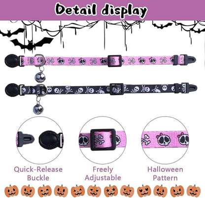 PUPTECK Breakaway Cat Collar with Bell Charm, 2 Packs Adjustable Kitty Collars Pink & Black Skull Pattern, 7.8-11.8 in