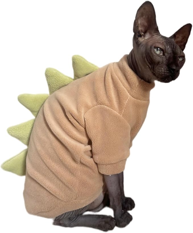 Dinosaur Sphynx Cat Clothes, Soft Polar Fleece Sweater for Cat, Elastic Pet Clothes Thick Winter Warm Outfit for Hairless Cat, Devon, Cornish, Small Dogs Apparel with Sleeves (Khaki, XX-Large)