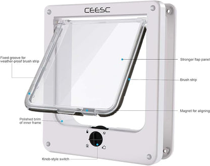 CEESC Medium Cat Door for Interior/Exterior Door, Weatherproof, White, Rotary 4 Way Locking Pet Door for Cats & Dogs with Circumference < 15.75", Upgraded Version