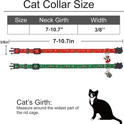 Christmas Cat Collar, Cotton 2 Pack Cat Collar with Bells, Breakaway Collars for Girl Boy Kittens, Christmas