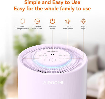 AIRROMI Air Purifier for Bedroom with HEPA 3-in-1 Filter, Pet Air Purifier for Home Cat Pee Smell, Covers Upto 990 Ft², Quiet 360°intake Air Cleaner for Pet Hair,Allergies,Pollen,Smoke A2001 Purple