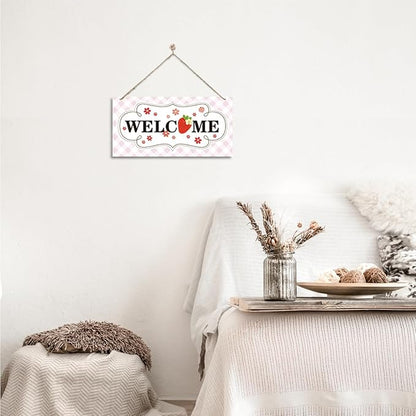 Welcome Sign for Front Door, Welcome Decor Wooden Hanging Sign for Girl Room Decor, Strawberry Pattern Wooden Hanging Signs, Cute Girl Style Front Door Decoration 13.8X6.9 inches