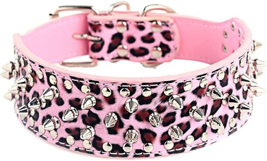 Serijoars Spiked Studded Dog Collar, PU Leather Dog Collar, Adjustable Pet Collars for Medium or Large Breed Pet (M, Leopard)