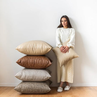 Oversized Leather Pillow Covers Vintage Decorative, Pack of 2 Square Rustic Abrasion Floor Cushion Covers, for Home Decor Outdoor Waterproof Pet Hair Resistant Pillow Covers 26x26 Olive Green