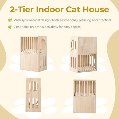 Tangkula 2-Tier Luxury Wood Cat House, Wooden Kitten Cage Condo with 2 Washable Plush Cushions, 2 Access Holes, Indoor Pet Playpen Cat Catio End Side Table Nightstand, Ventilated Cat Bed Furniture