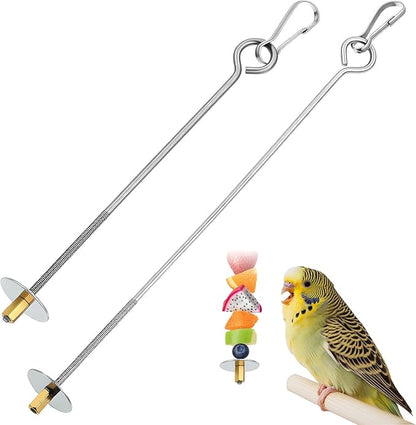2PCS Bird Cage Food Holder with Hook, Parrot Fruit Vegetable Skewer, Stainless Steel Bird Feeder for Cages, Hanging Foraging Toy, Birds Cage Feeder Foraging Toy for Macaw Parakeet Parrot Budgie