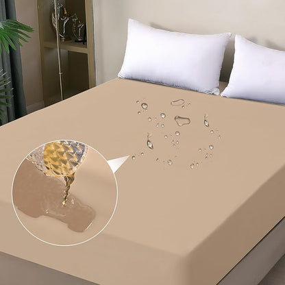 Waterproof Mattress Protector King, Fitted Sheet Style Breathable Mattress Cover with Deep Pocket Fits Up to 18'', Noiseless Bed Cover for Kids Adults Pets, Machine Washable (Light Tan, 76'' X 80'')