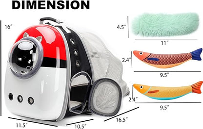 Expandable Cat Carrier Backpack with Catnip Toys, Backpack for Cats Kitten Small Puppy, Airline Approved Cat Bubble Backpack, Space Capsule Astronaut Carrier… (RED BP&Toy, Back Extension)