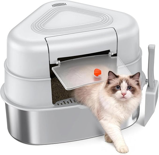 XL Stainless Steel Corner Cat Litter Box with Lid - Sturdy, No Odor & Space-Saving Hidden Design for Large Cats, Grey