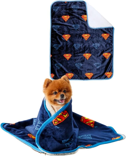 Franco Pet Superman DC Comics Super Soft Cozy Waterproof Sherpa-Backed Blanket Throw for Small Dogs, Couch/Bed/Car, 30x40 (Officially Licensed Product)