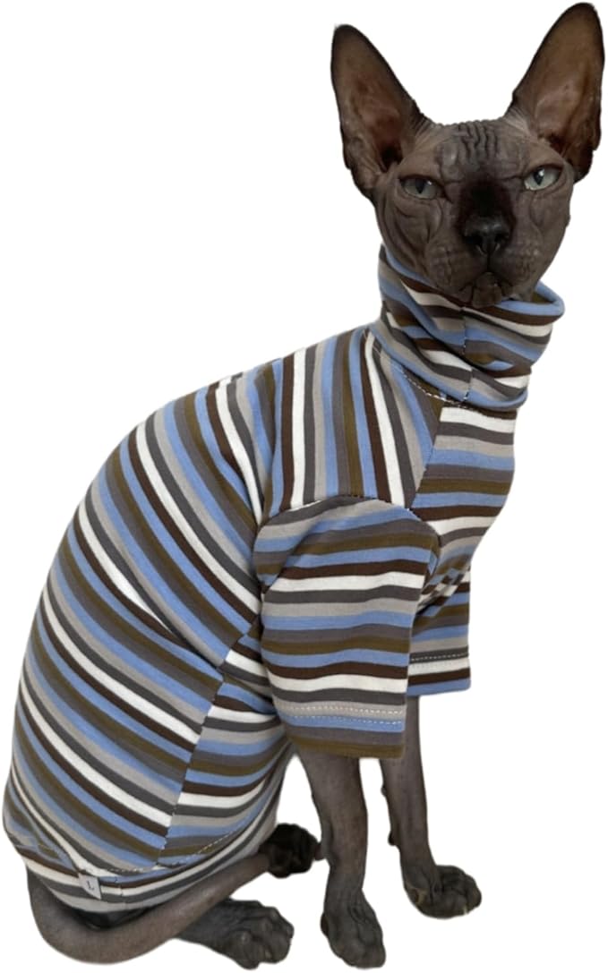 Vintage Stripes Sphynx Hairless Cats Shirt Cotton Cat Turtleneck Pet Clothes Kitten T-Shirts with Sleeves for Sphynx Cats (Storm, XX-Large)