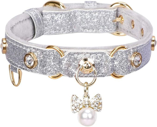 PetsHome Cat Collar, Dog Collar, [Bling Rhinestones] PU Leather Adjustable Pet Collar with Luxury Pendant for Cat and Small Dog Extra Small Silvery